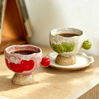 Handmade Apple-Motif Pedestal Ceramic Coffee Mug and Saucer Set 200 ml/6.76 fl oz