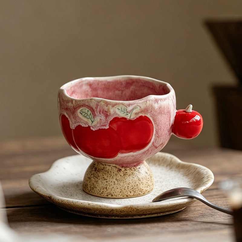 Handmade Apple-Motif Pedestal Ceramic Coffee Mug and Saucer Set 200 ml/6.76 fl oz