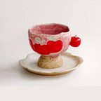 Handmade Apple-Motif Pedestal Ceramic Coffee Mug and Saucer Set 200 ml/6.76 fl oz