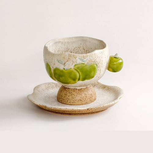 Handmade Apple-Motif Pedestal Ceramic Coffee Mug and Saucer Set 200 ml/6.76 fl oz