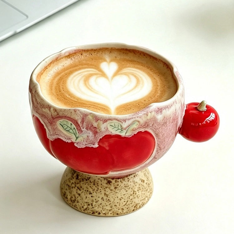 Handmade Apple-Motif Pedestal Ceramic Coffee Mug and Saucer Set 200 ml/6.76 fl oz