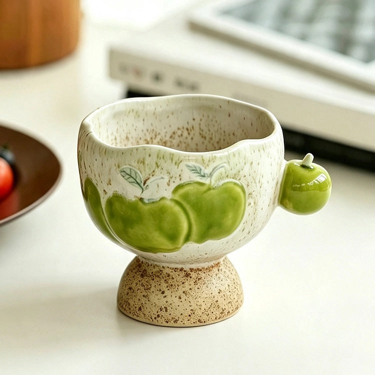Handmade Apple-Motif Pedestal Ceramic Coffee Mug and Saucer Set 200 ml/6.76 fl oz