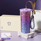 Pure Titanium Coffee Tumbler with Straw – Aurora Ice-Crystal Pattern (Cold-Insulated)500 ml/16.91 fl oz