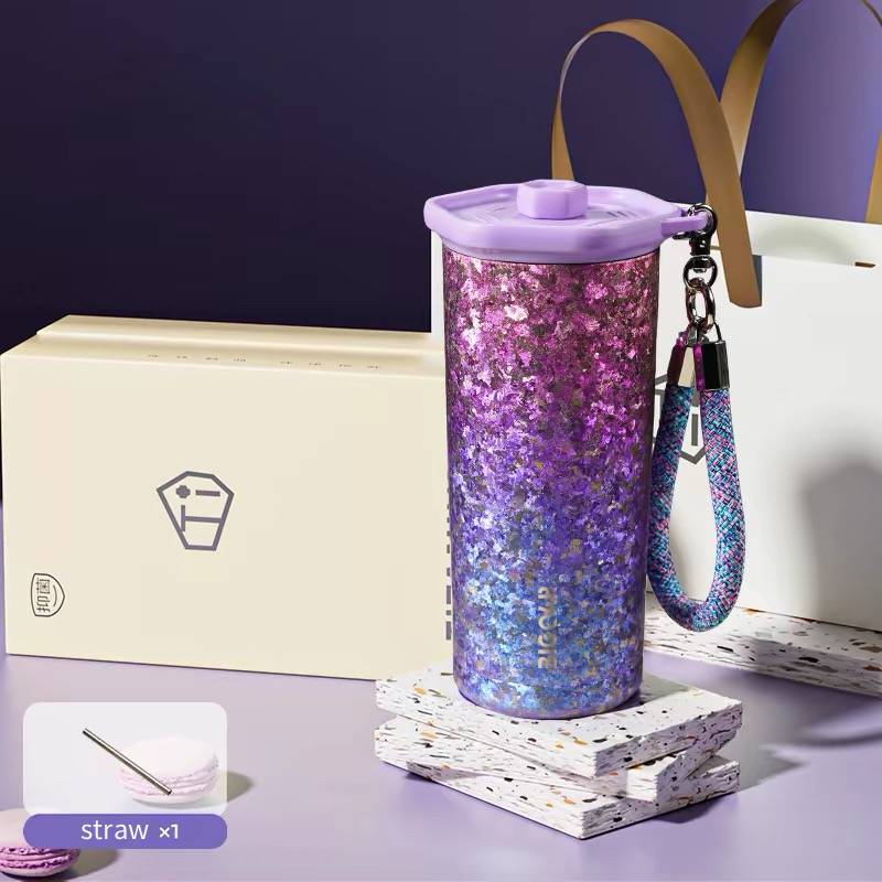 Pure Titanium Coffee Tumbler with Straw – Aurora Ice-Crystal Pattern (Cold-Insulated)500 ml/16.91 fl oz