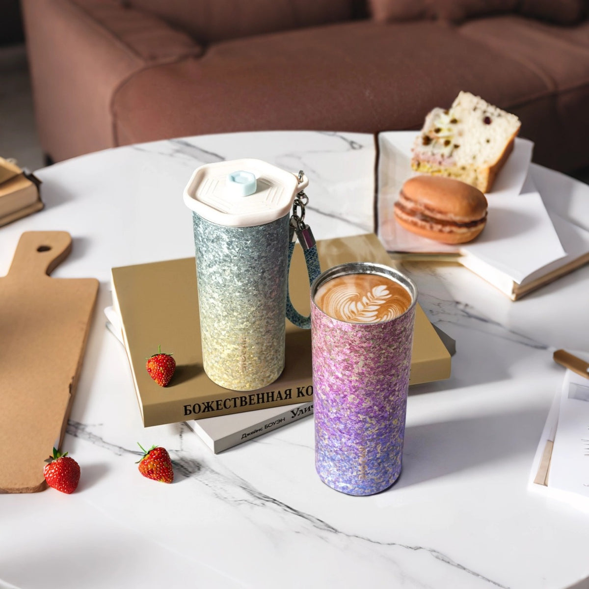 Pure Titanium Coffee Tumbler with Straw – Aurora Ice-Crystal Pattern (Cold-Insulated)500 ml/16.91 fl oz