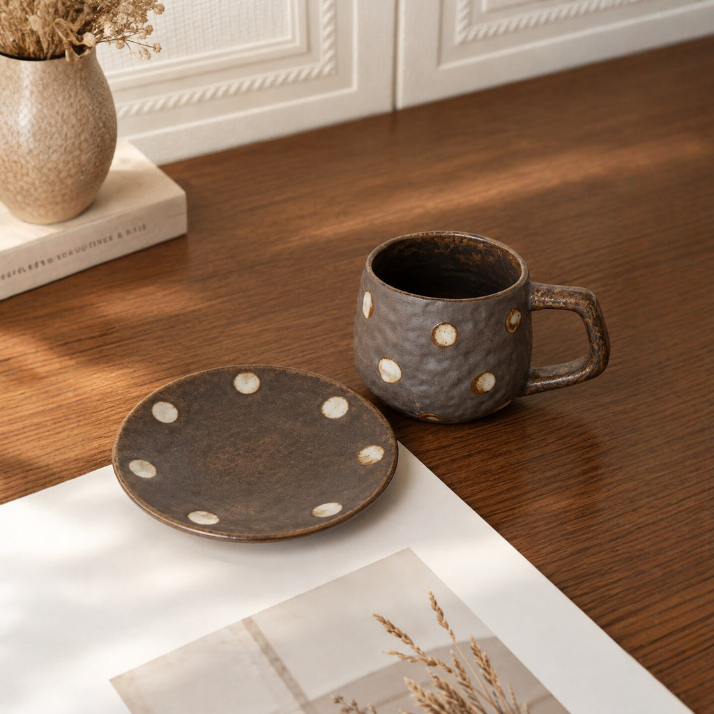 Handmade Stoneware Polka Dot Ceramic Coffee Mug  and saucer set 250 ml/8.45 fl oz