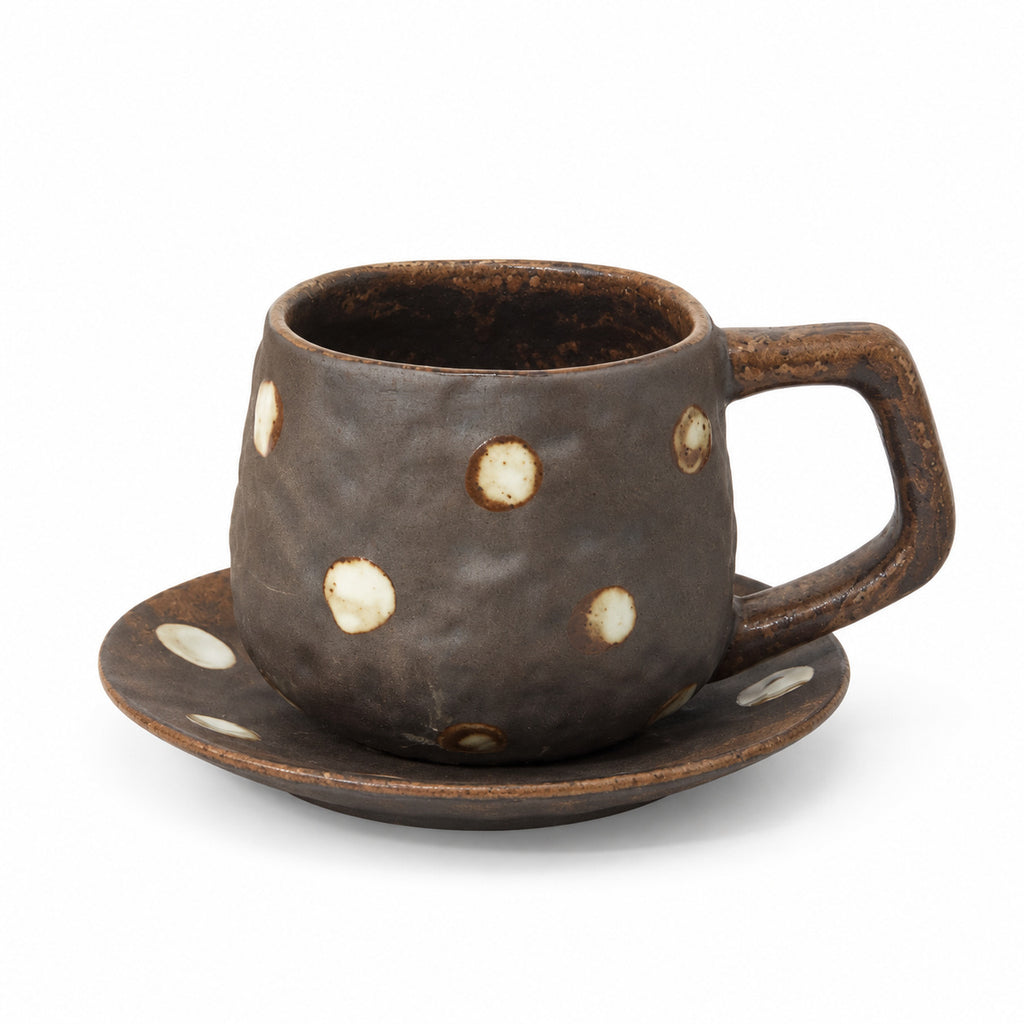 Handmade Stoneware Polka Dot Ceramic Coffee Mug  and saucer set 250 ml/8.45 fl oz
