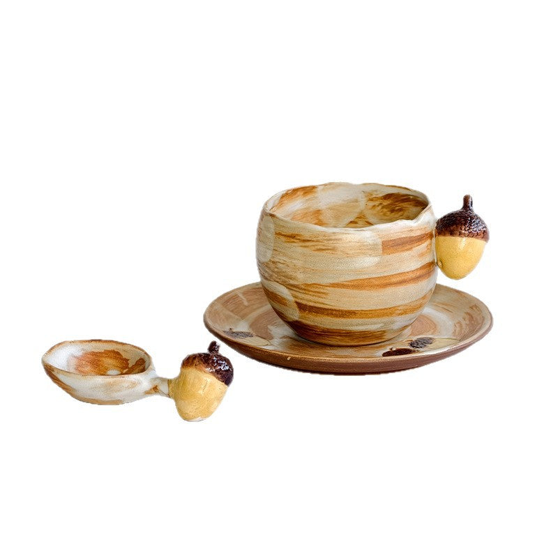 Vintage Acorn Handle Handmade Ceramic Coffee Cup and Saucer Set with Spoon 300 ml/10.14 fl oz