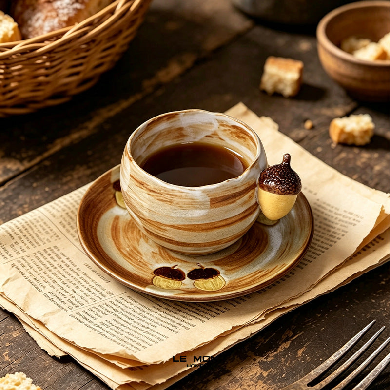 Vintage Acorn Handle Handmade Ceramic Coffee Cup and Saucer Set with Spoon 300 ml/10.14 fl oz