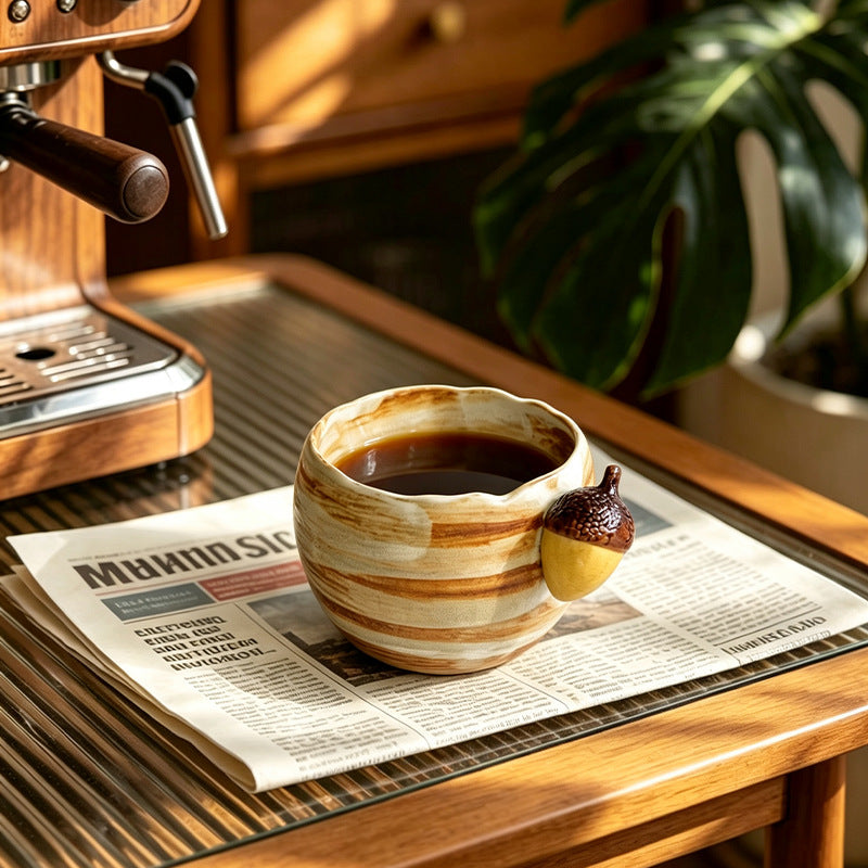 Vintage Acorn Handle Handmade Ceramic Coffee Cup and Saucer Set with Spoon 300 ml/10.14 fl oz