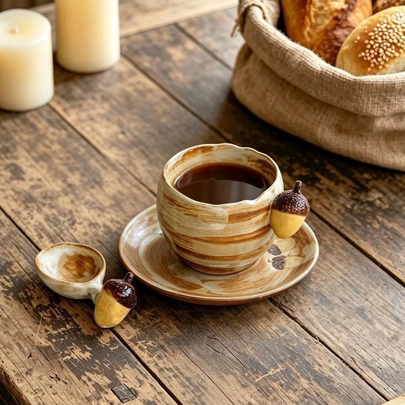 Vintage Acorn Handle Handmade Ceramic Coffee Cup and Saucer Set with Spoon 300 ml/10.14 fl oz