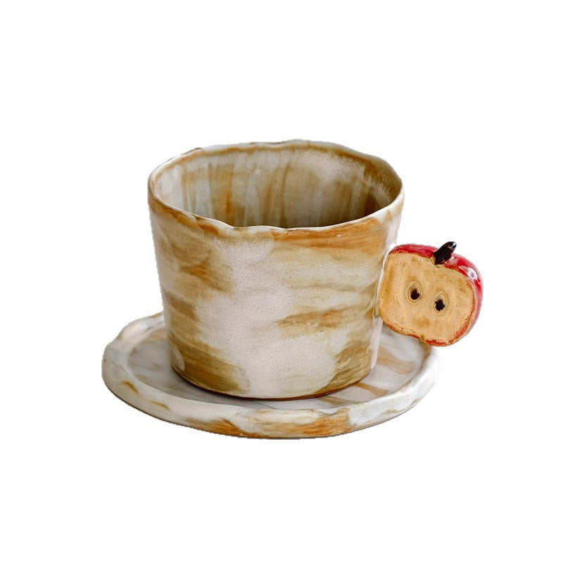Vintage Half-Apple Handle Handmade Ceramic Coffee Cup and Saucer Set 250 ml/8.45 fl oz
