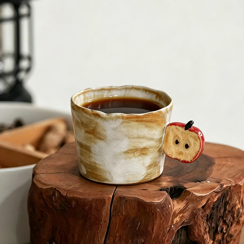 Vintage Half-Apple Handle Handmade Ceramic Coffee Cup and Saucer Set 250 ml/8.45 fl oz