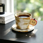 Vintage Half-Apple Handle Handmade Ceramic Coffee Cup and Saucer Set 250 ml/8.45 fl oz