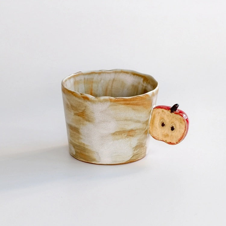 Vintage Half-Apple Handle Handmade Ceramic Coffee Cup and Saucer Set 250 ml/8.45 fl oz