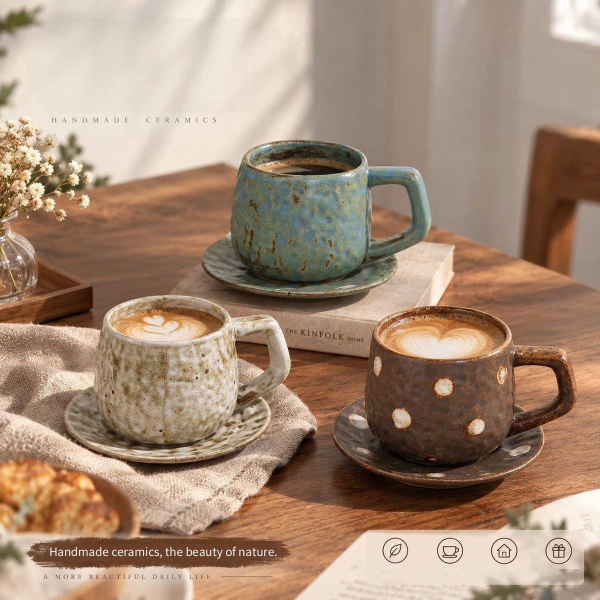 Handmade Stoneware Polka Dot Ceramic Coffee Mug  and saucer set 250 ml/8.45 fl oz